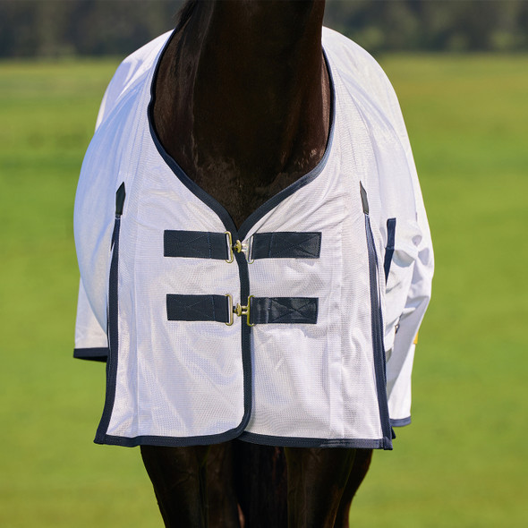 Saxon Mesh Fly Sheet with Gussets & Belly Band, White/Navy.