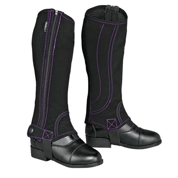 Dublin Easy Care Contrast Stitch Synthetic Half Chaps, Black with Purple Stiching.