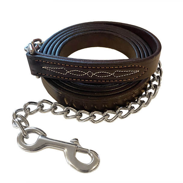 Walsh Fancy Stitched 1" x 6' Leather Lead with 24" Stainless Chain, Havana