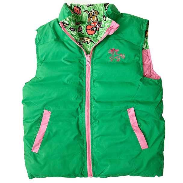 Belle & Bow Reversible Puffer Vest, Pink with Fox Pattern