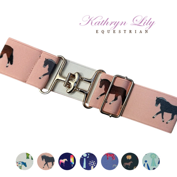 Elastic Belt with Blanket Buckle, Peach Trotting Ponies.