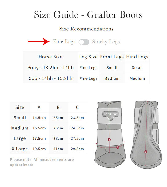 LeMieux Grafter Boot size chart, FINE legs.
