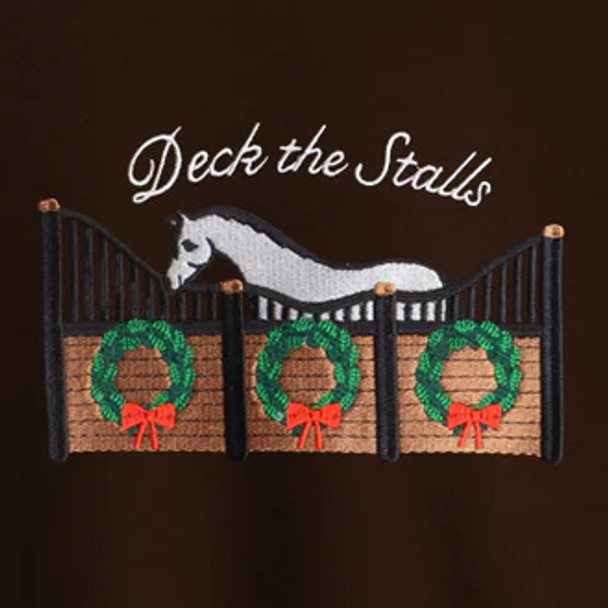 Closeup of Deck the Stalls Sweatshirt for kids.