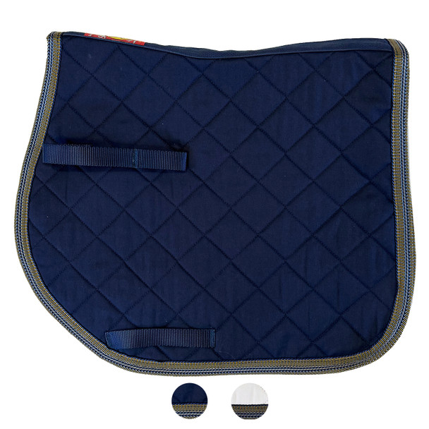 Navy pony saddle pad with Baker trim.