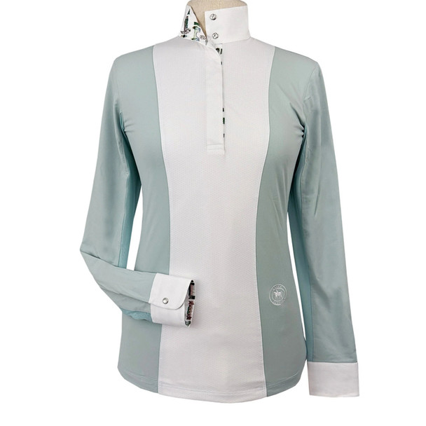 Essex Classics Luna II Girls Long Sleeve Performance Show Shirt, Seafoam with Hunter Derby.