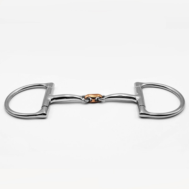 Edge view of Pandaponyium dee ring snaffle with copper oval link in pony sizes.