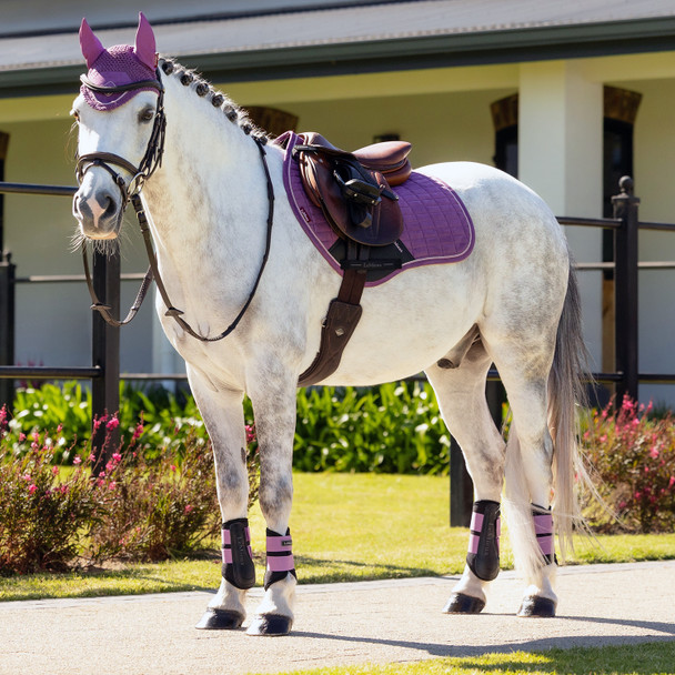 LeMieux mini square pad on pony with matching mallow boots and fly bonnet.