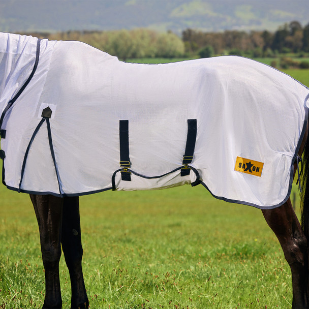 Saxon Mesh Combo Neck Fly Sheet with Belly Band, White/Navy, 60" - 69"