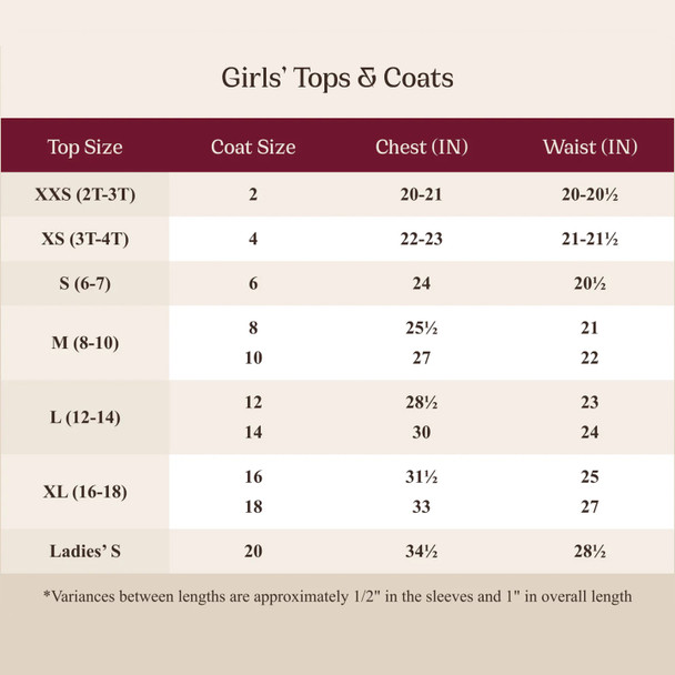 RJ Classics Tori Jr. 2.0 Show Shirt, Size Guide.
