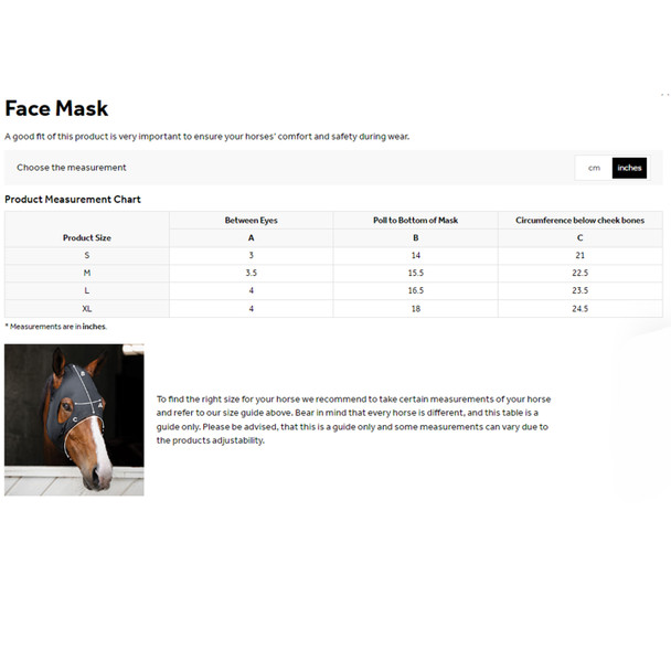  Horseware® Ionic Therapy Calming Face Mask, Size Guide.