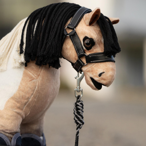  LeMieux Toy Pony, Toby, wearing Black Leather Halter & Striped Leadrop
