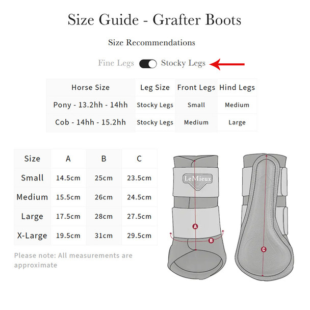 LeMieux Grafter Boot size chart, STOCKY legs.