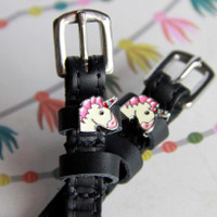 MaryJane Black Leather Spur Straps with Unicorn Emoji Charm