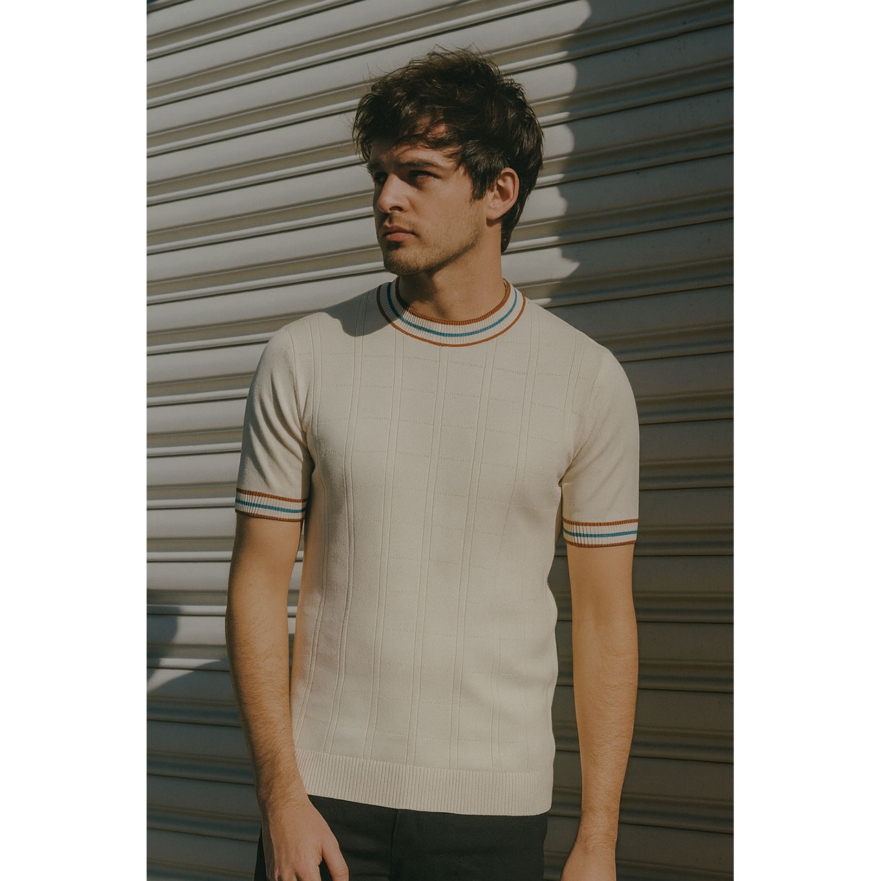 Wilson 1960s Mod Pointelle Knit Mock Turtleneck Tee in Birch