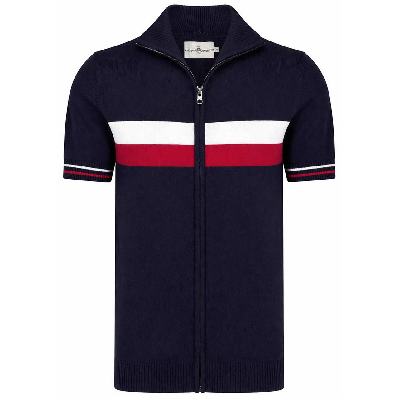 完売 EMAM Reverse Collar Raglan Tops Madcap England Sanremo Mod Zip Through Stripe Knit Cycling Top in Navy