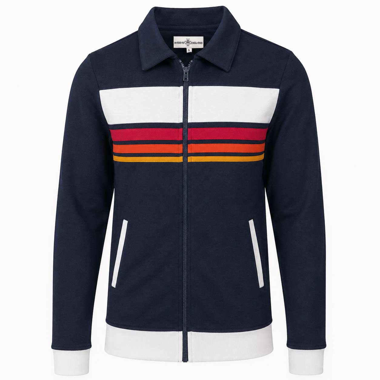 Torino Men's Retro 70s Cut and Sew Stripe Jersey Track Top in Navy