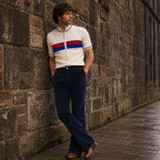 Man wearing Madcap England Killer Retro 1970s Cord Flares in Navy