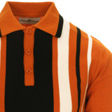 Madcap England Folklore 1960s Mod Stripe Panel Knitted Polo Shirt in Marmalade