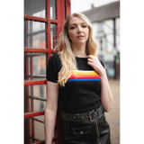 Madcap England Britpop Women's Retro Mod Rainbow Chest Stripe Knitted Tee in Black	