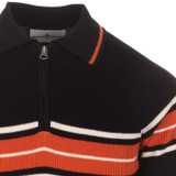 Madcap England Fireball Men's 1960s Mod Ribbed Stripe Zip Neck Polo Shirt in Black