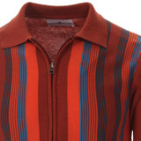 Madcap England Capitol Men's Retro 1960s Mod Multi Stripe Knitted Zip Through Polo Top in Picante