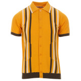 Madcap England Shockwave Men's 1960s Mod Abstract Stripe Knitted Button Through Polo Top in Amber Yellow