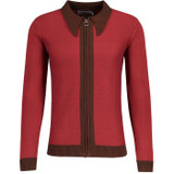 Madcap England Riva 60s Mod Big Collar Knitted Ring Zip Polo Cardigan in Russet Red