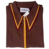 Madcap England Mack Zip Through Textured Knit Tipped Polo Shirt in Brown MC1094