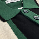 Close up on the collar, buttons and stripes on the Madcap England Folklore Knit Polo Shirt in Pineneedle 