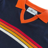 All-Nighter Long Sleeve Northern Soul Striped Skipper Neck Polo Shirt in Navy Blazer - Collar Detail
