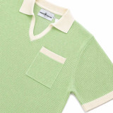 Cabana Retro 1950s Resort Style Ribbed Knitted Skipper Neck Men's Polo Shirt in Pastel Green - Collar Detail