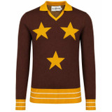 Madcap England KTF Men's Mod Three Star Northern Soul Skipper Neck Knitted Polo Shirt in Potting Soil
