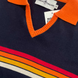 Collar Detail on the Madcap England Women's Northern Soul Gradient Stripe Skipper Neck Mod Knitted Dress in Navy Blazer
