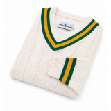 Arthur Men's Retro Tipped V-neck Cable Knit Cricket Jumper in Snow White Folded Up on angle