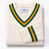 Arthur Men's Retro Tipped V-neck Cable Knit Cricket Jumper in Snow White Folded Up