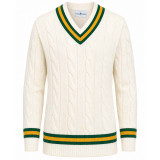 Arthur Men's Retro Tipped V-neck Cable Knit Cricket Jumper in Snow White