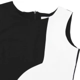 Detail of the Golightly dress showing the rounded neckline, jersey fabric and cut-and-sewn panel construction