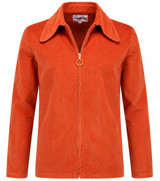 Ziggy beagle collar cord shirt jacket in Cinnamon Stick front view with concealed zip slightly unfastened.