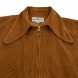 Close up on the beagle collar on the Ziggy retro 70s cord shirt jacket in Tan