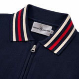 Madcap England Stevie Retro Stripe Collar Knitted Track Top in Navy Blazer Close Up