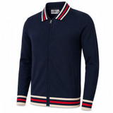 Madcap England Stevie Retro Stripe Collar Knitted Track Top in Navy Blazer Side View