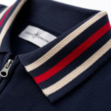 Madcap England Stevie Retro Stripe Collar Knitted Track Top in Navy Blazer Collar Detail