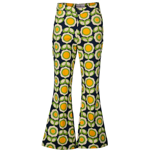 Madcap England Women's Retro 60s 70s Bell Flares in Daydream Green Daisy print