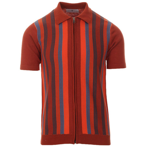 Madcap England Capitol Men's 1960s Mod Multi Stripe Knitted Zip Through Polo Top in Picante