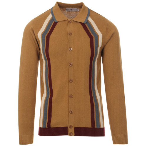 Madcap England Blast men's 60s mod contoured stripe knitted polo cardigan in fall leaf