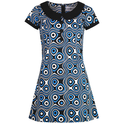 Madcap England Dollierocker Op Art 1960s Mod Peter Pan Collar Psychedelic Dress in Blue/Black