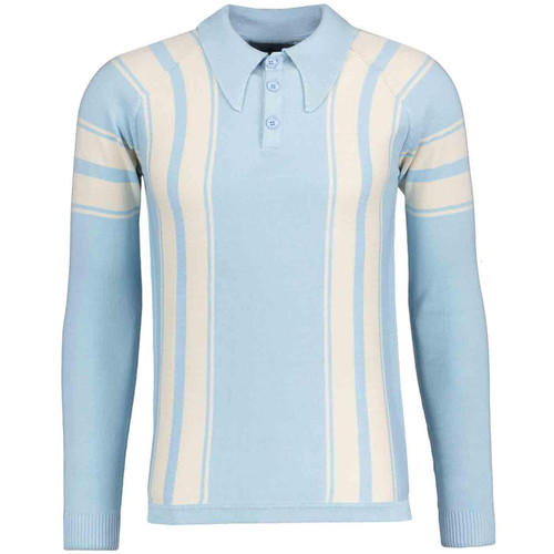 Madcap England Acid Test 1960s Mod Spear Collar Knitted Stripe Panel Polo Shirt in Winter Sky