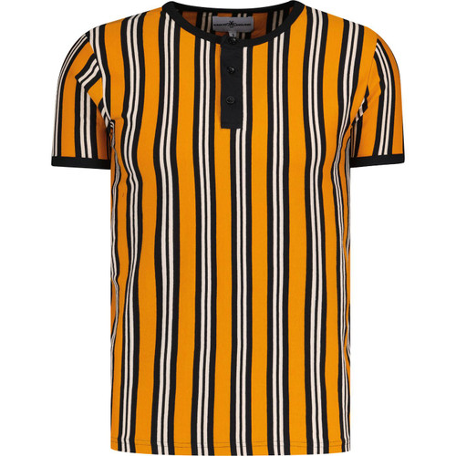 Madcap England Squire Jersey Striped T-Shirt with Henley Neck Grandad Collar in Dark Cheddar Yellow