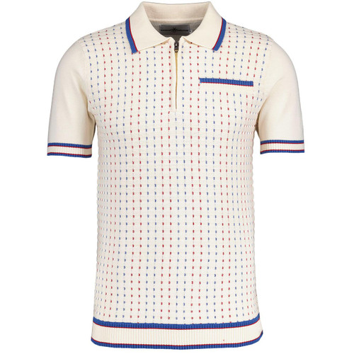 Madcap England Coltrane 60s Mod Jacquard Waffle Textured Zip Neck Short Sleeve Polo Shirt in Snow White 