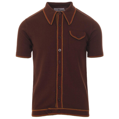 Madcap England Crawdaddy 1960s Mod Micro Dash Knit Polo Cardigan in Potting Soil